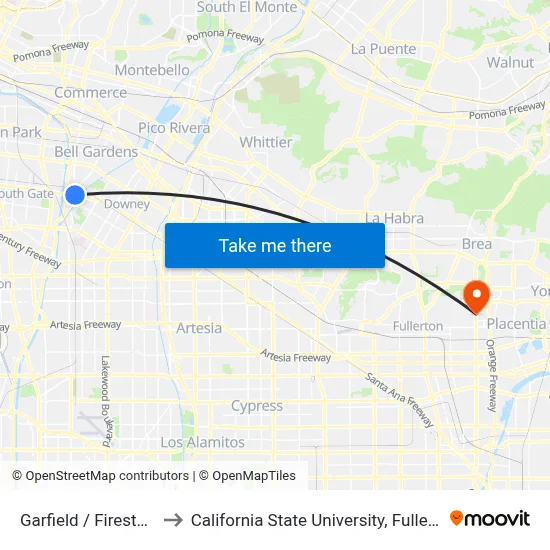 Garfield / Firestone to California State University, Fullerton map