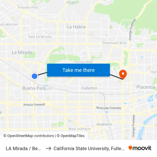 LA Mirada / Beach to California State University, Fullerton map
