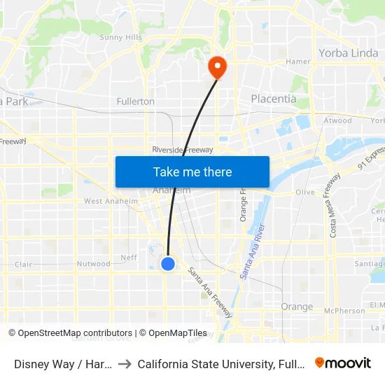 Disney Way / Harbor to California State University, Fullerton map