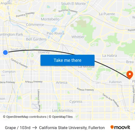 Grape / 103rd to California State University, Fullerton map