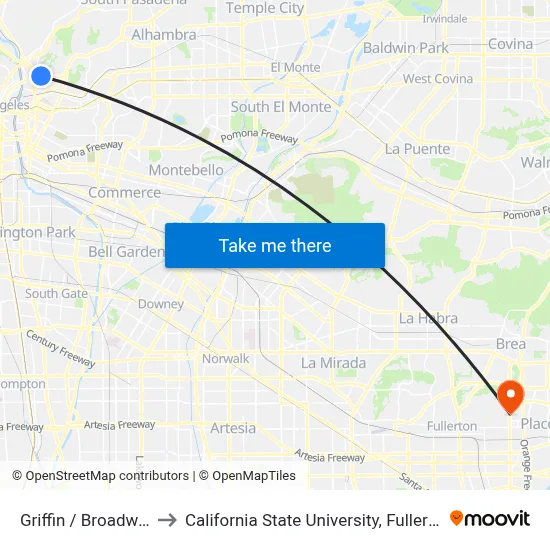 Griffin / Broadway to California State University, Fullerton map