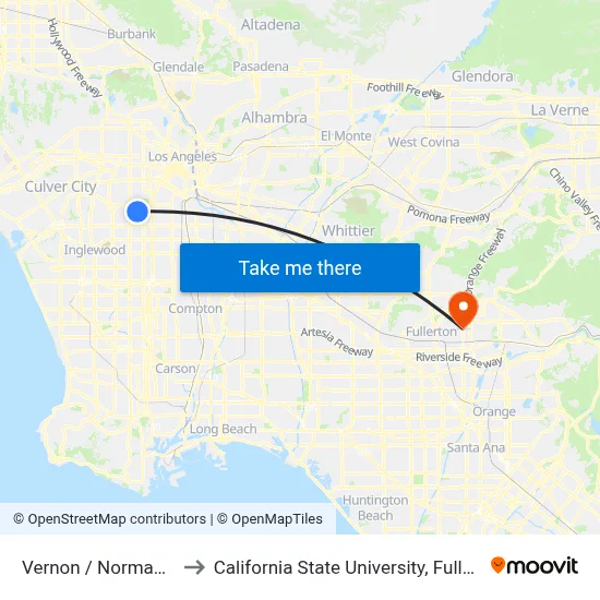 Vernon / Normandie to California State University, Fullerton map