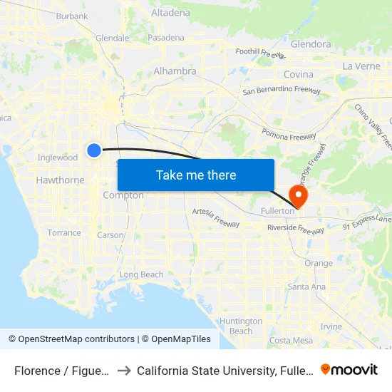 Florence / Figueroa to California State University, Fullerton map