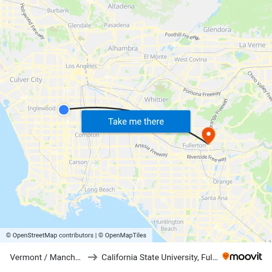 Vermont / Manchester to California State University, Fullerton map
