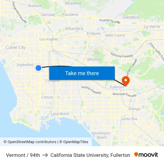 Vermont / 94th to California State University, Fullerton map