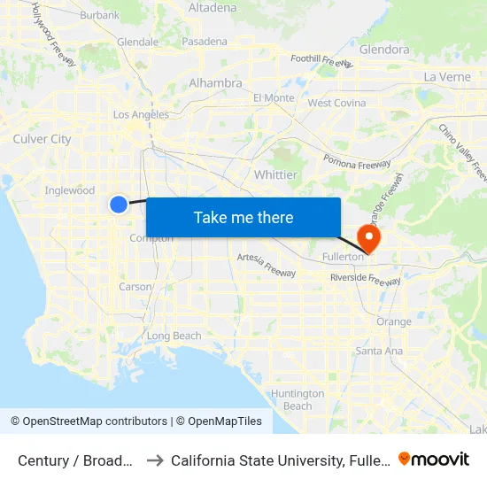 Century / Broadway to California State University, Fullerton map