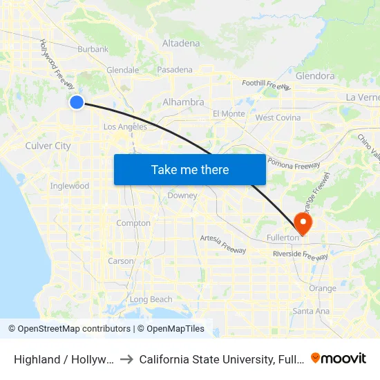 Highland / Hollywood to California State University, Fullerton map