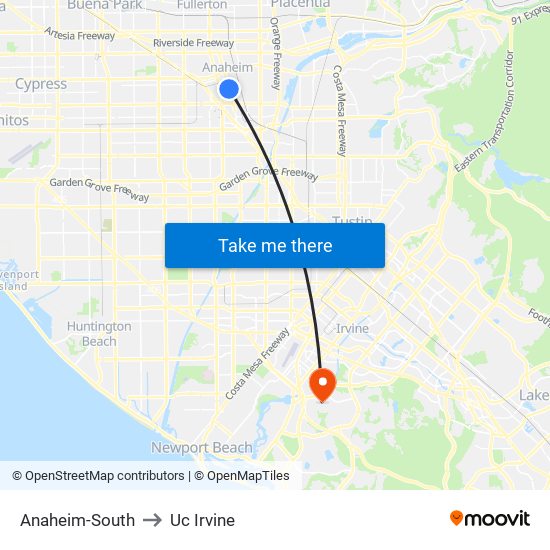 Anaheim-South to Uc Irvine map