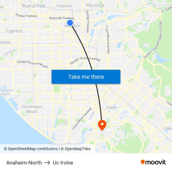 Anaheim-North to Uc Irvine map