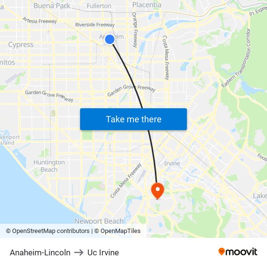 Anaheim-Lincoln to Uc Irvine map