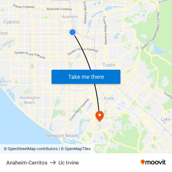 Anaheim-Cerritos to Uc Irvine map