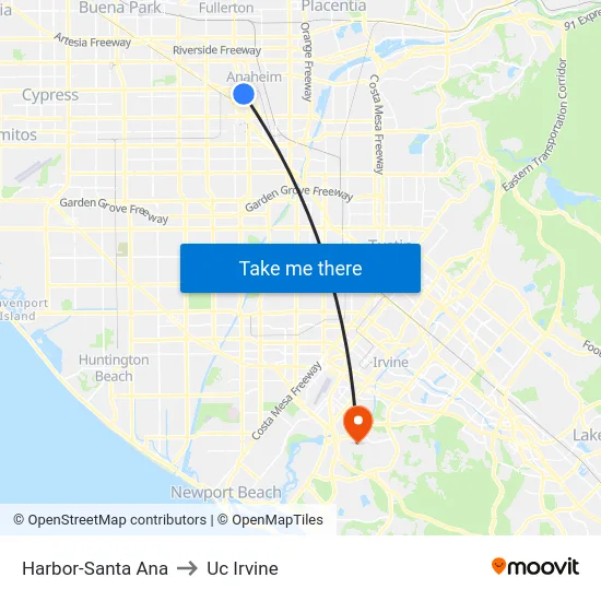 Harbor-Santa Ana to Uc Irvine map