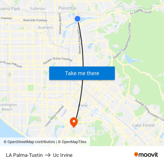 LA Palma-Tustin to Uc Irvine map