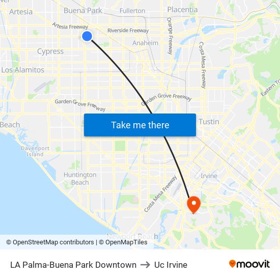 LA Palma-Buena Park Downtown to Uc Irvine map