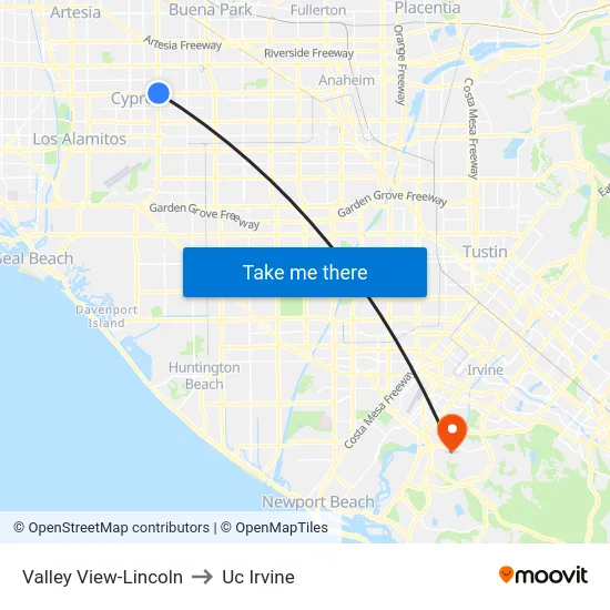Valley View-Lincoln to Uc Irvine map