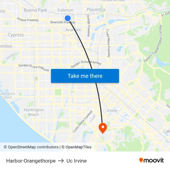 Harbor-Orangethorpe to Uc Irvine map