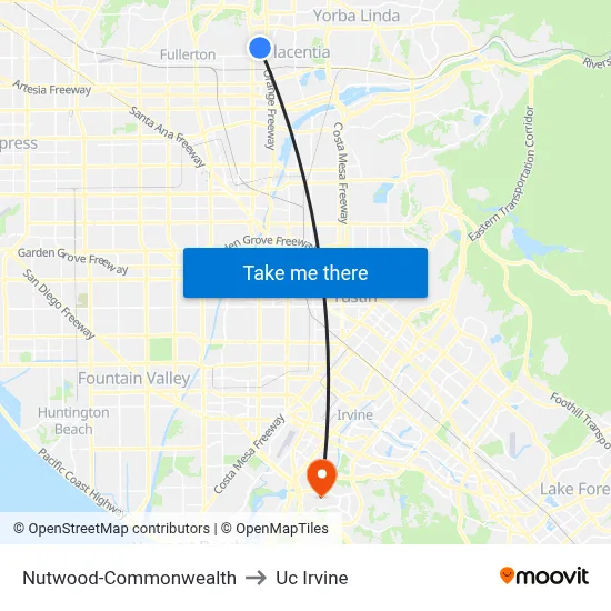 Nutwood-Commonwealth to Uc Irvine map