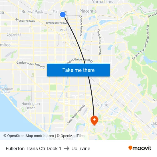 Fullerton Trans Ctr Dock 1 to Uc Irvine map
