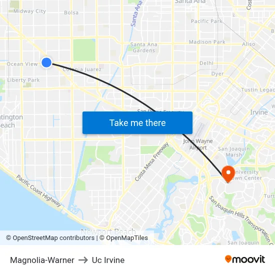 Magnolia-Warner to Uc Irvine map