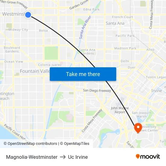 Magnolia-Westminster to Uc Irvine map