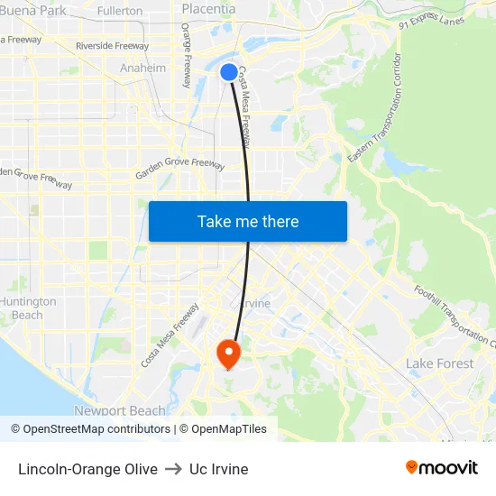 Lincoln-Orange Olive to Uc Irvine map