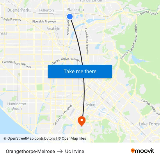 Orangethorpe-Melrose to Uc Irvine map