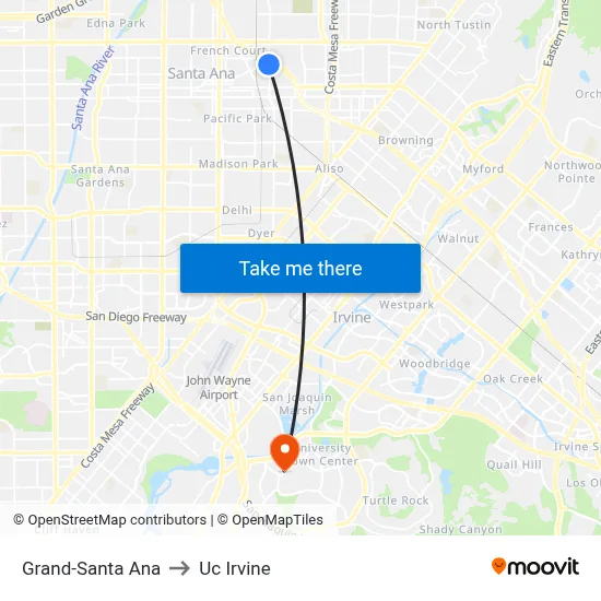 Grand-Santa Ana to Uc Irvine map