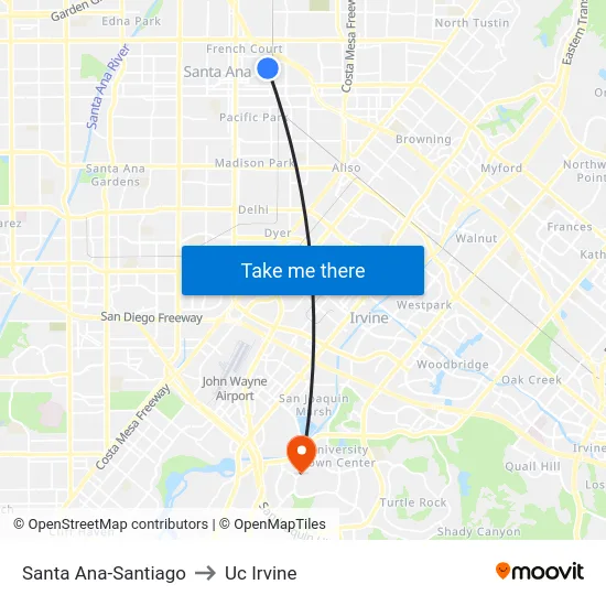Santa Ana-Santiago to Uc Irvine map