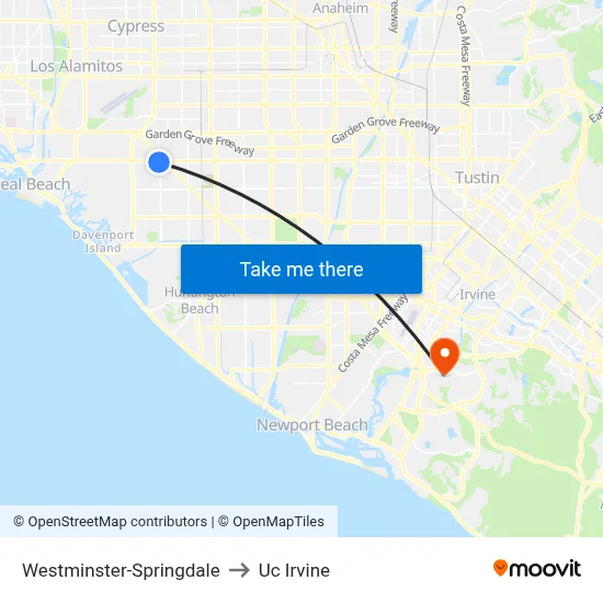 Westminster-Springdale to Uc Irvine map