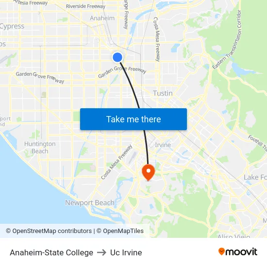 Anaheim-State College to Uc Irvine map