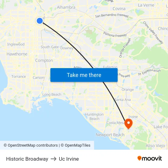 Historic Broadway to Uc Irvine map
