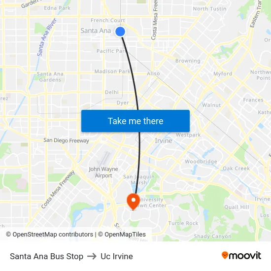 Santa Ana Bus Stop to Uc Irvine map