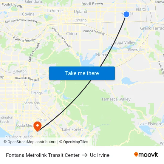 Fontana Metrolink Transit Center to Uc Irvine map