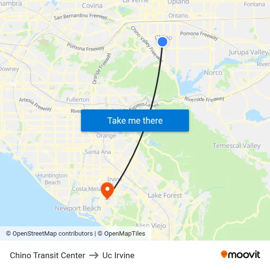 Chino Transit Center to Uc Irvine map