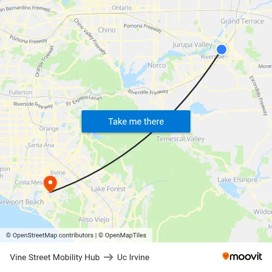 Vine Street Mobility Hub to Uc Irvine map