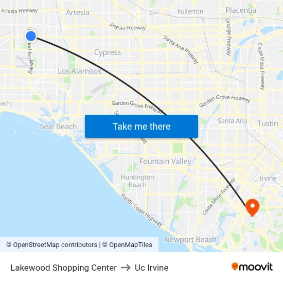 Lakewood Shopping Center to Uc Irvine map