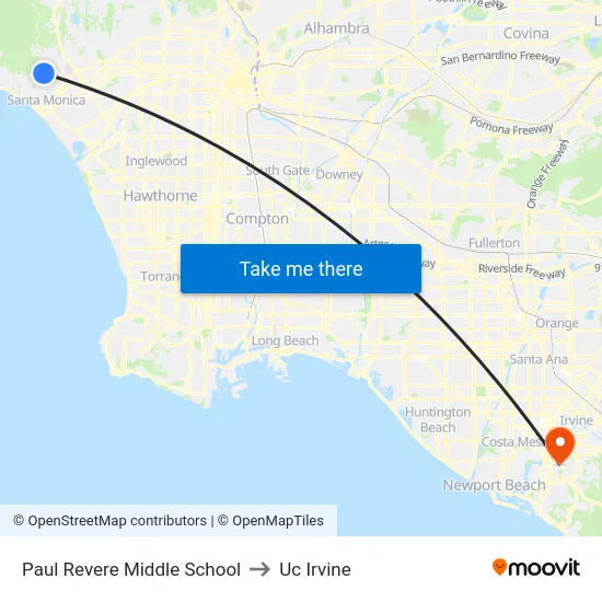 Paul Revere Middle School to Uc Irvine map