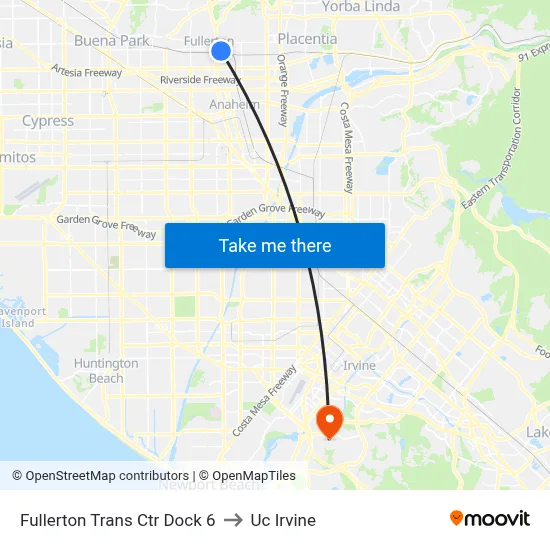 Fullerton Trans Ctr Dock 6 to Uc Irvine map
