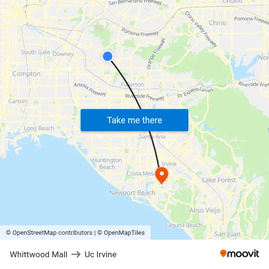 Whittwood Mall to Uc Irvine map