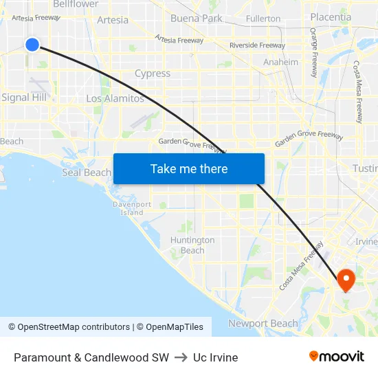 Paramount & Candlewood SW to Uc Irvine map