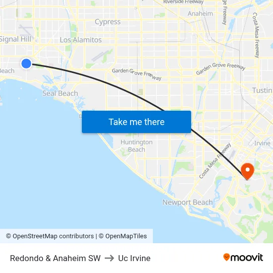 Redondo & Anaheim SW to Uc Irvine map
