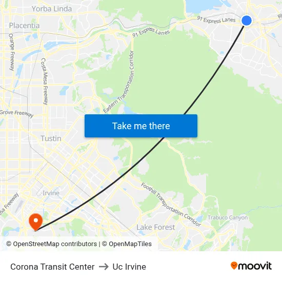 Corona Transit Center to Uc Irvine map