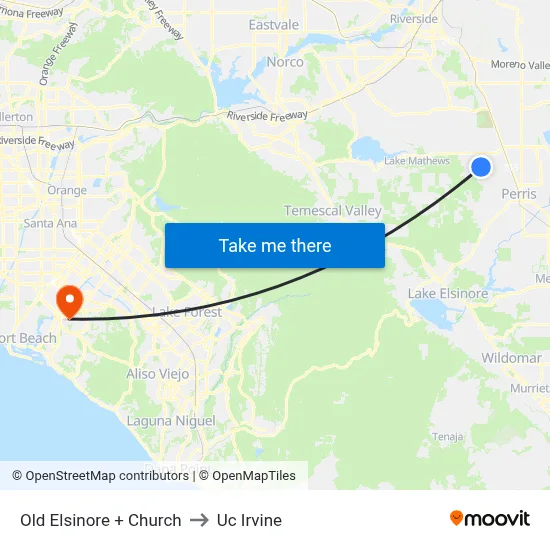 Old Elsinore + Church to Uc Irvine map