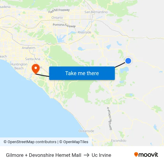 Gilmore + Devonshire Hemet Mall to Uc Irvine map