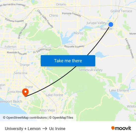 University + Lemon to Uc Irvine map