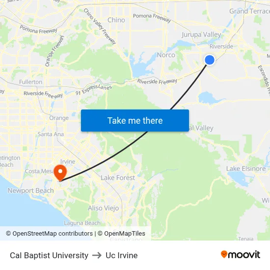 Cal Baptist University to Uc Irvine map