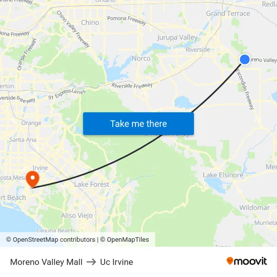 Moreno Valley Mall to Uc Irvine map