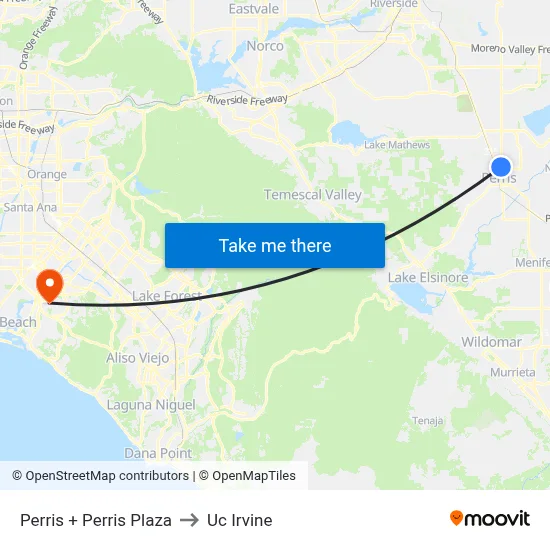 Perris + Perris Plaza to Uc Irvine map