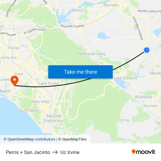 Perris + San Jacinto to Uc Irvine map
