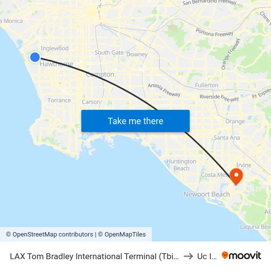 LAX Tom Bradley International Terminal (Tbit) Lower Level Flyaway Stop to Uc Irvine map